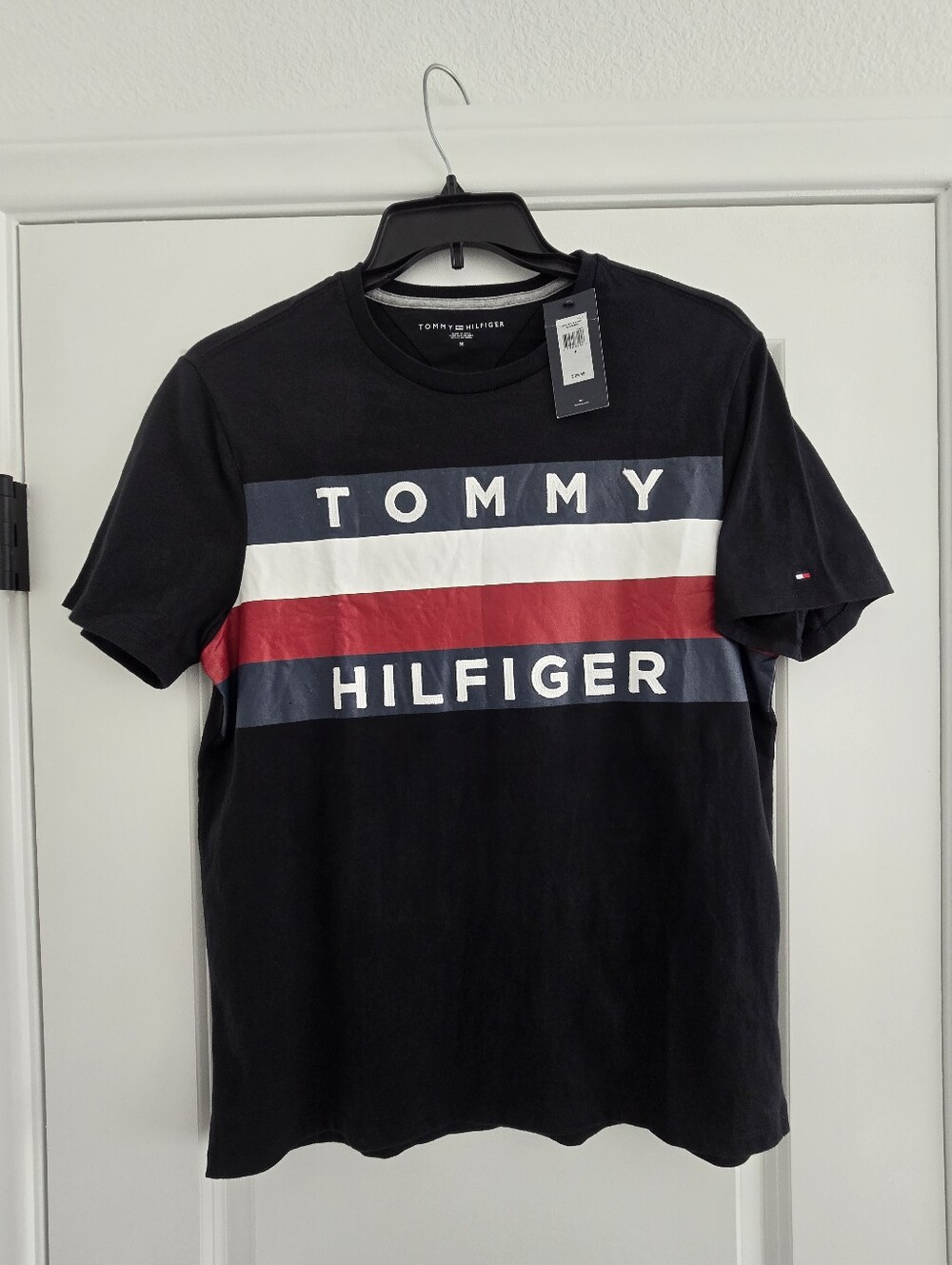 Tommy Hilfiger Black Tee with Red, White & Blue Stripe Classic Logo Men's Medium